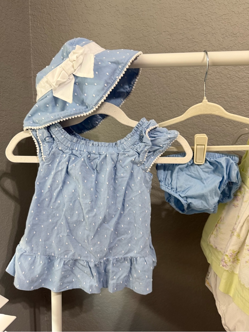 Janie and Jack Light Blue Dot Sun Dress Set with Hat & Bloomers